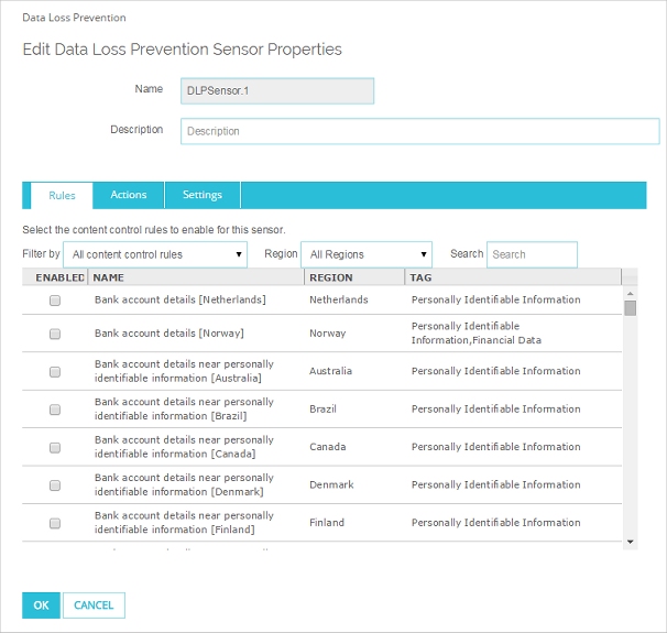 Screen shot of the Data Loss Prevention, Rules tab