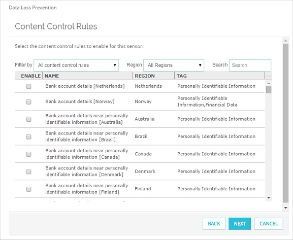 Screen shot of the Data Loss Prevention wizard, Rules page