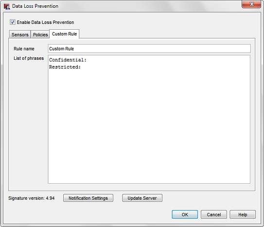 Screen shot of the Data Loss Prevention dialog box, Custom Rule tab
