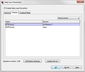 Screen shot of the Data Loss Prevention dialog box, Policies tab