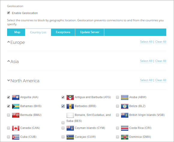 Screen shot of the Geolocation page, Country List tab