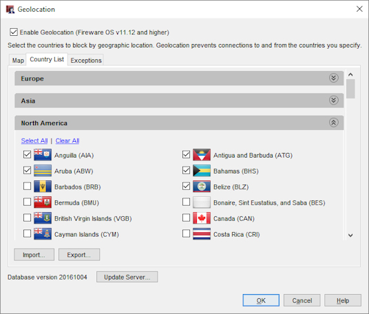 Screen shot of the Geolocation dialog box, Country List tab