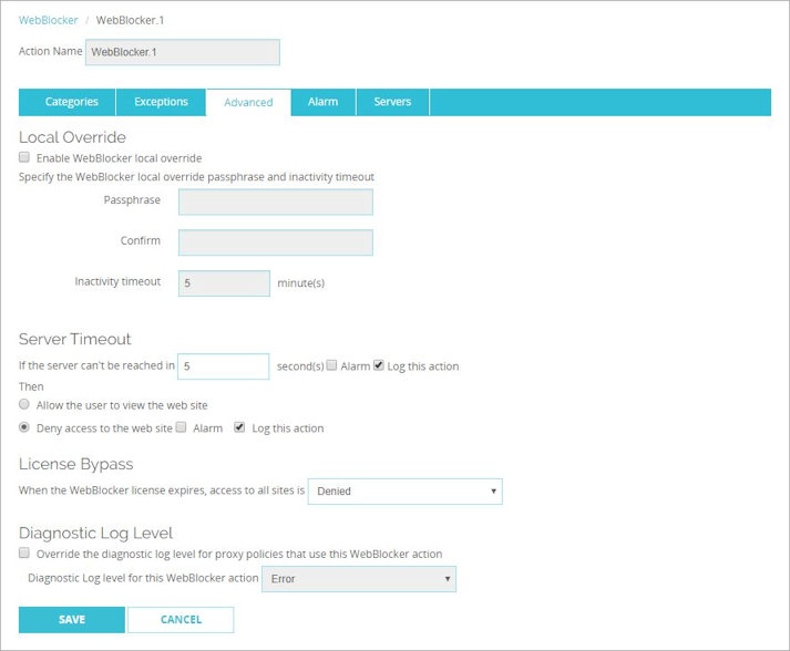 Screen shot of the WebBlocker options in the WebBlocker Configuration dialog box.