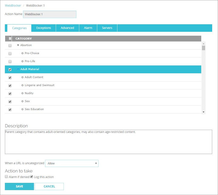 Screen shot of the WebBlocker profile configuration, Category page for Websense cloud categories