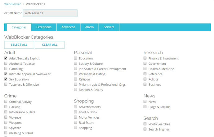 Screen shot of a WebBlocker profile configuration, Categories tab for SurfControl categories