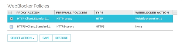 Screen shot of the WebBlocker Proxies section of WebBlocker settings page