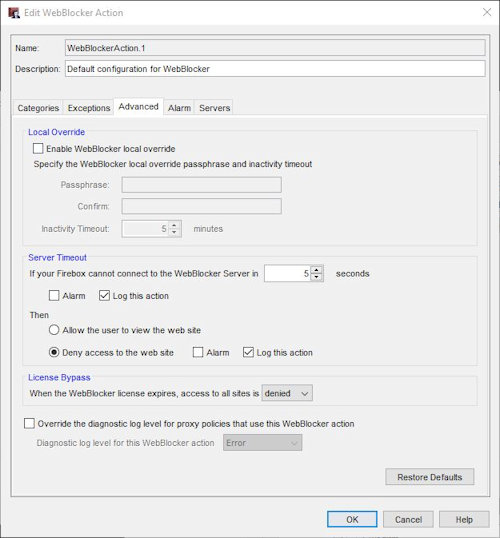 Screen shot of the Edit WebBlocker Action dialog box Advanced tab.