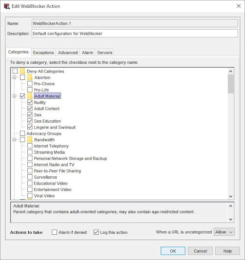 Screen shot of the WebBlocker Configuration dialog box, Categories tab for Websense categories