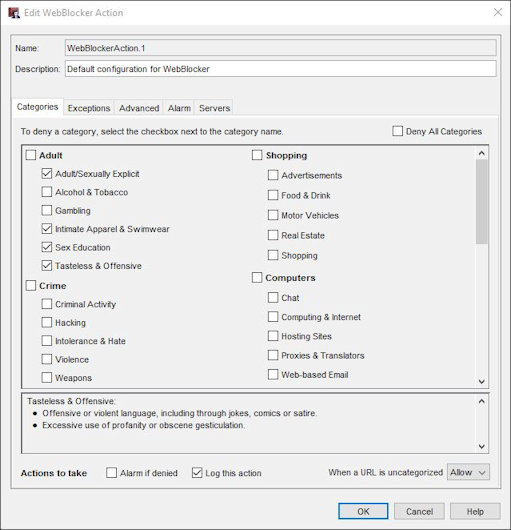 WebBlocker Configuration dialog box, Categories tab for SurfControl categories 