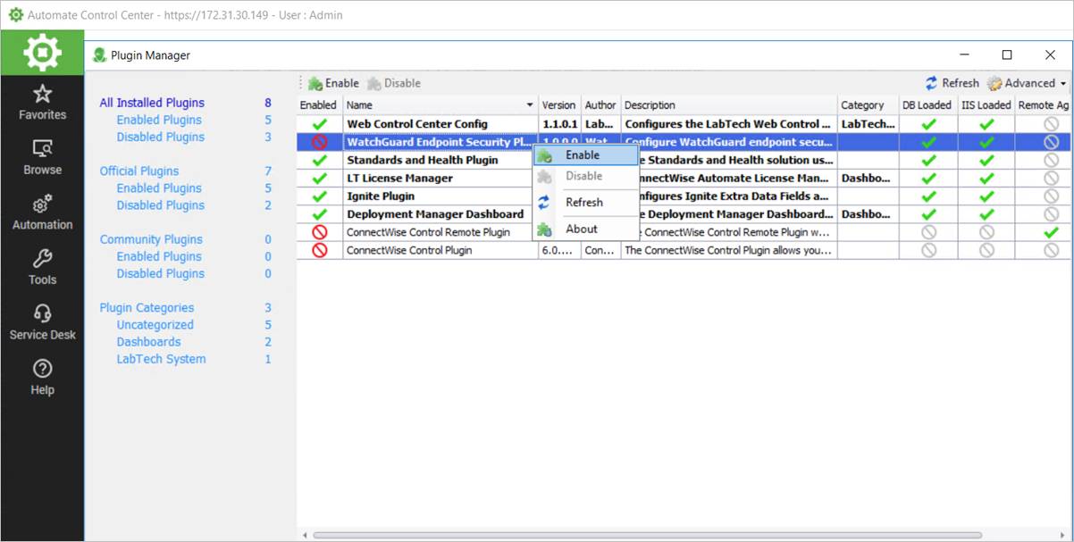 Screen shot of the ConnectWise Automate Control Center Plugin Manager