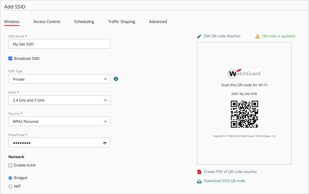 Screen shot of the Add SSID page for an access point site in WatchGuard Cloud