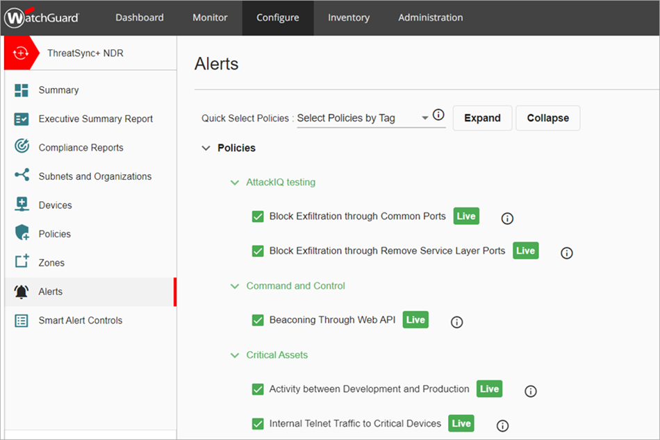 Screenshot of the Alerts page in the Configure menu in ThreatSync+ NDR