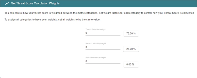 Screenshot of the Set Threat Score Calculation Weights section to show an example of how you can customize weights