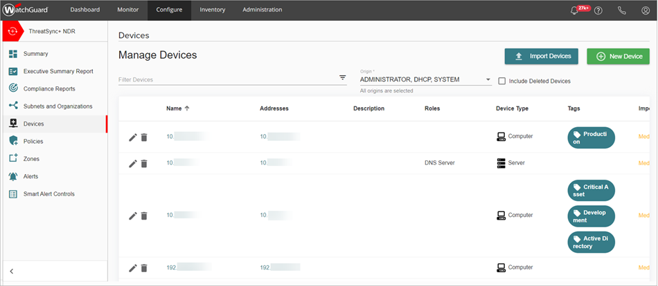 Screenshot of the Manage Network Defense Goals page in ThreatSync+ NDR