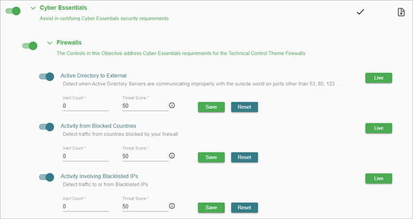 Screenshot of a network defense goal expanded to show a list of objectives and controls