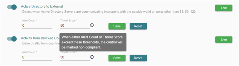 Screenshot of the compliance threshold default values for a control