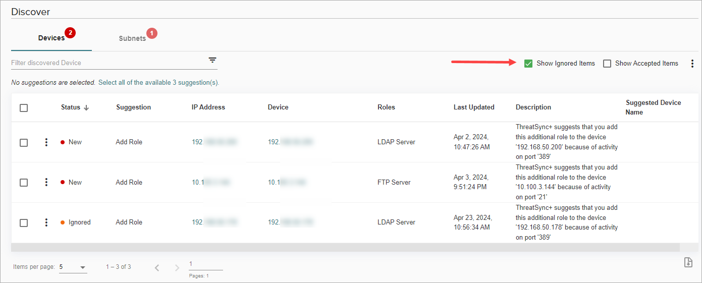 Screen shot of ignored devices in ThreatSync+ NDR