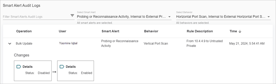 Screenshot of the Smart Alert Logs tab on the Network Audit Logs page in ThreatSync+ NDR