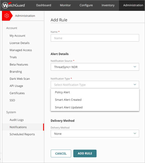 Screen shot of the Add Rule page in WatchGuard Cloud