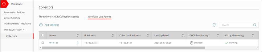 Screen shot of Configure > ThreatSync, Windows Log Agents page