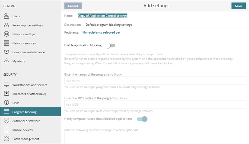 Screen shot of WatchGuard Endpoint Security, Add Settings page