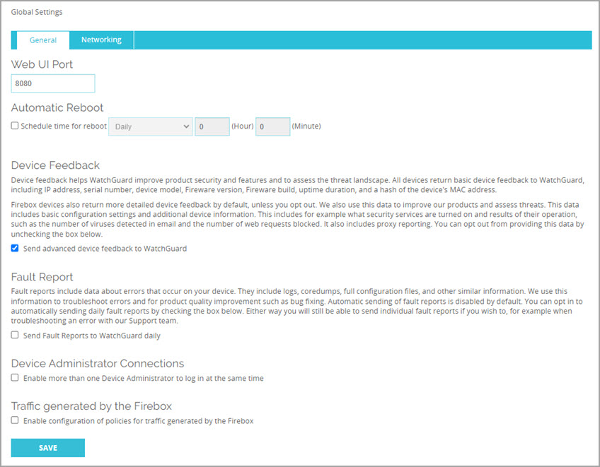 Screen shot of the Global Setting page, General tab