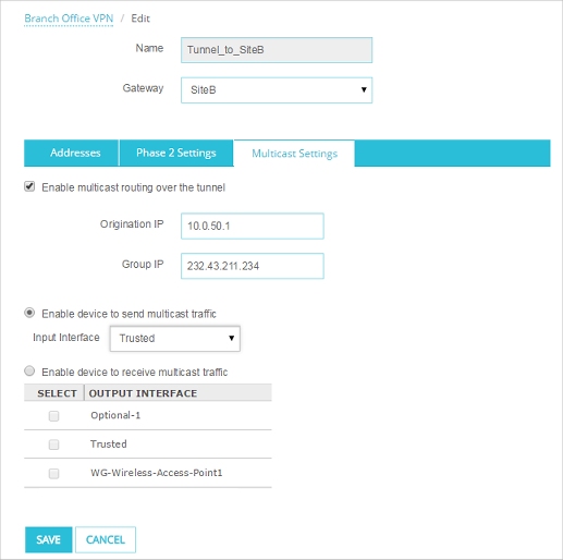 Screen shot of the Tunnel settings page - Multicast tab - Site A