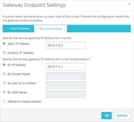 Screen shot of the Gateway Endpoint Settings dialog box, Remote Gateway tab