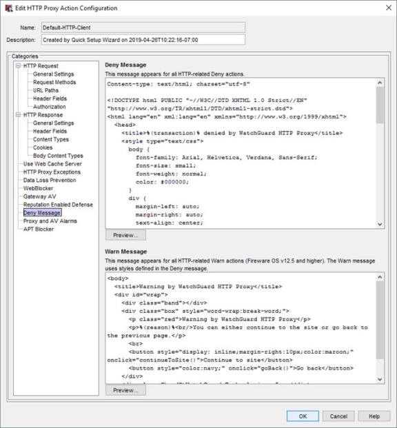 Screen shot of the HTTP Proxy Action Configuration dialog box, HTTP-Client Deny Message category