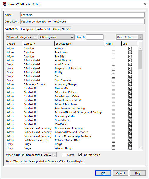 Screen shot of the Clone WebBlocker Action dialog box