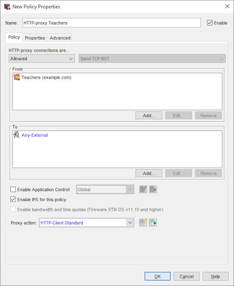 Screen shot of the New Policy Properties dialog box for the HTTP-proxy-Teachers policy