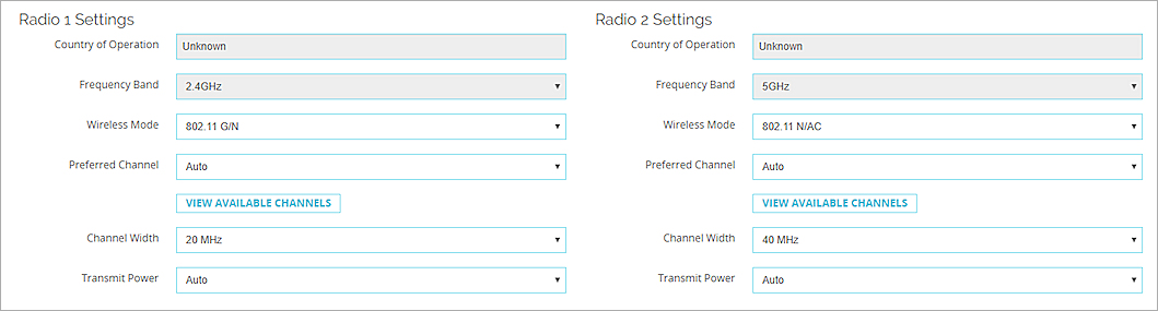 Screen shot of the Radio 1 and Radio 2 Settings for an AP device