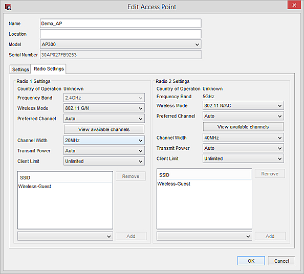 Screen shot of the Radio 1 and Radio 2 Settings for an AP device