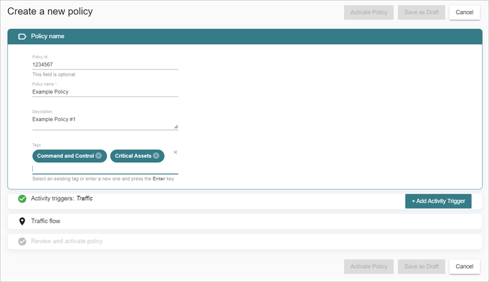 Screenshot of the Create a New Policy page in ThreatSync+ NDR