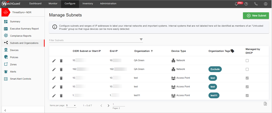 Screen shot of Manage Subnets page, ThreatSync+ NDR