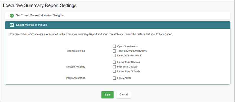 Screenshot of the Select Metrics to Include section with High Risk Devices excluded on the Executive Summary Report Settings page