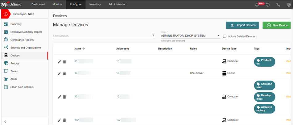 Screenshot of the Manage Devices page