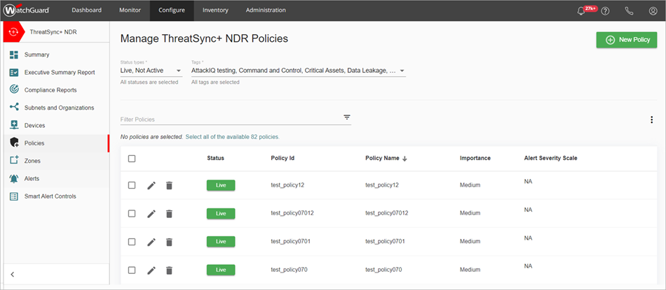 Screenshot of the Manage Policies page in ThreatSync+ NDR