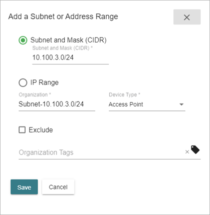 Screenshot of the Add a Subnet or Address Range dialog box
