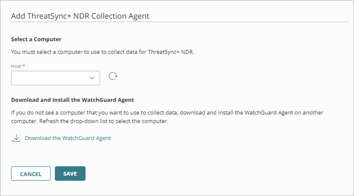 Screen shot of Configure > ThreatSync, Add ThreatSync+ NDR Collection Agents dialog box