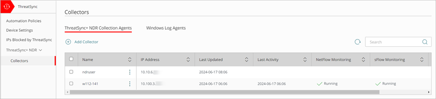 Screen shot of Configure > ThreatSync, ThreatSync+ NDR Collection Agents page