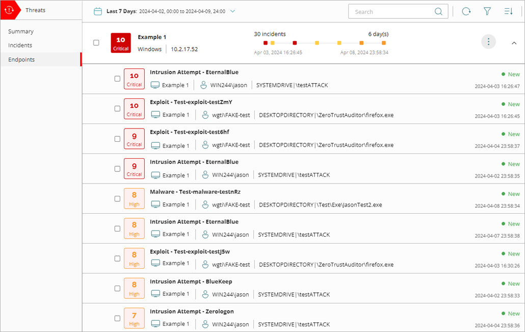 Screenshot of the Endpoints page with an endpoint incident list expanded.