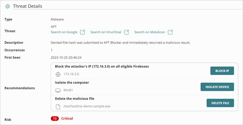 Screen shot of the Threat Details section on the Incident Details page