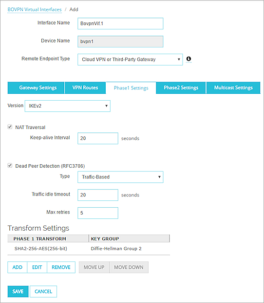 Screen shot of Phase 1 settings