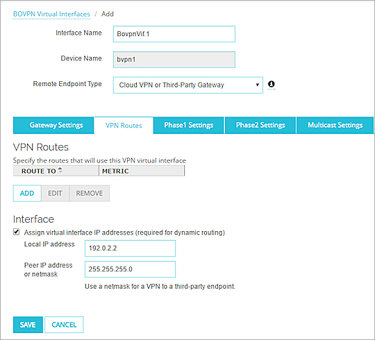 Screen shot of BOVPN virtual interface VPN Routes page