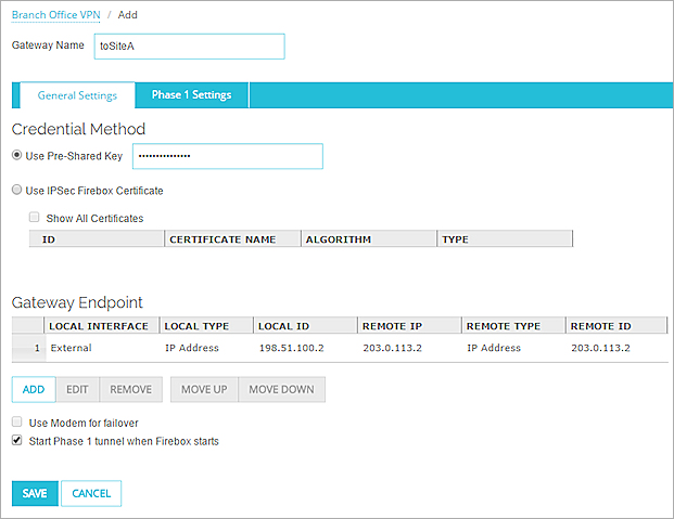 Screen shot of the Gatweay General Settings with gateway endpoints defined