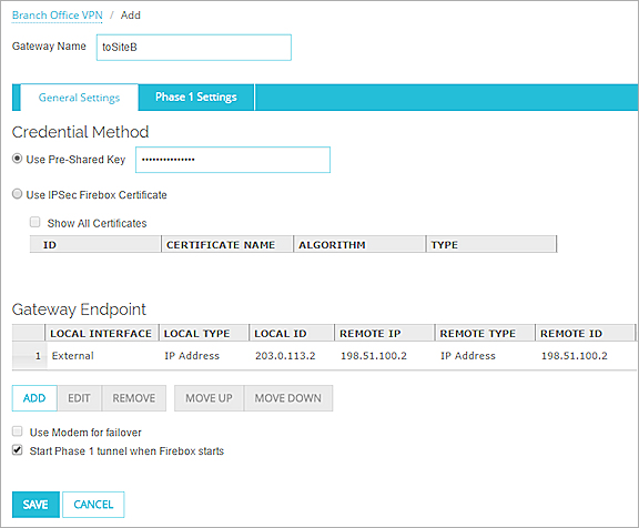 Screen shot of the Gateway General Settings tab with Endpoints