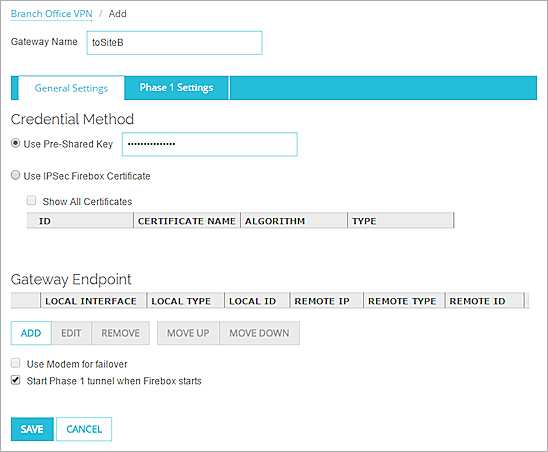 Screen shot of the Gateway settings page