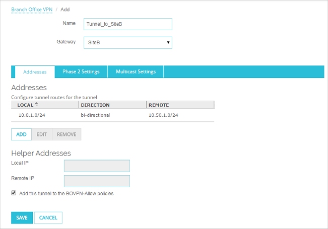 Screen shot of the Tunnel settings page with addresses