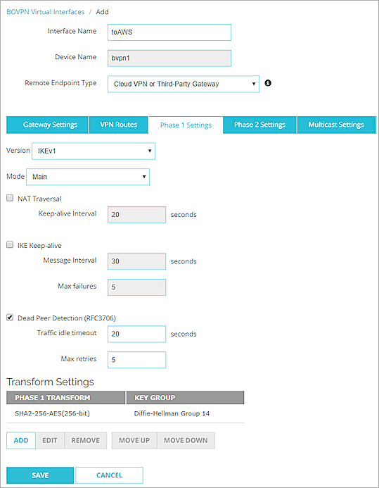 Screen shot of the Phase 1 settings for a BOVPN virtual interface